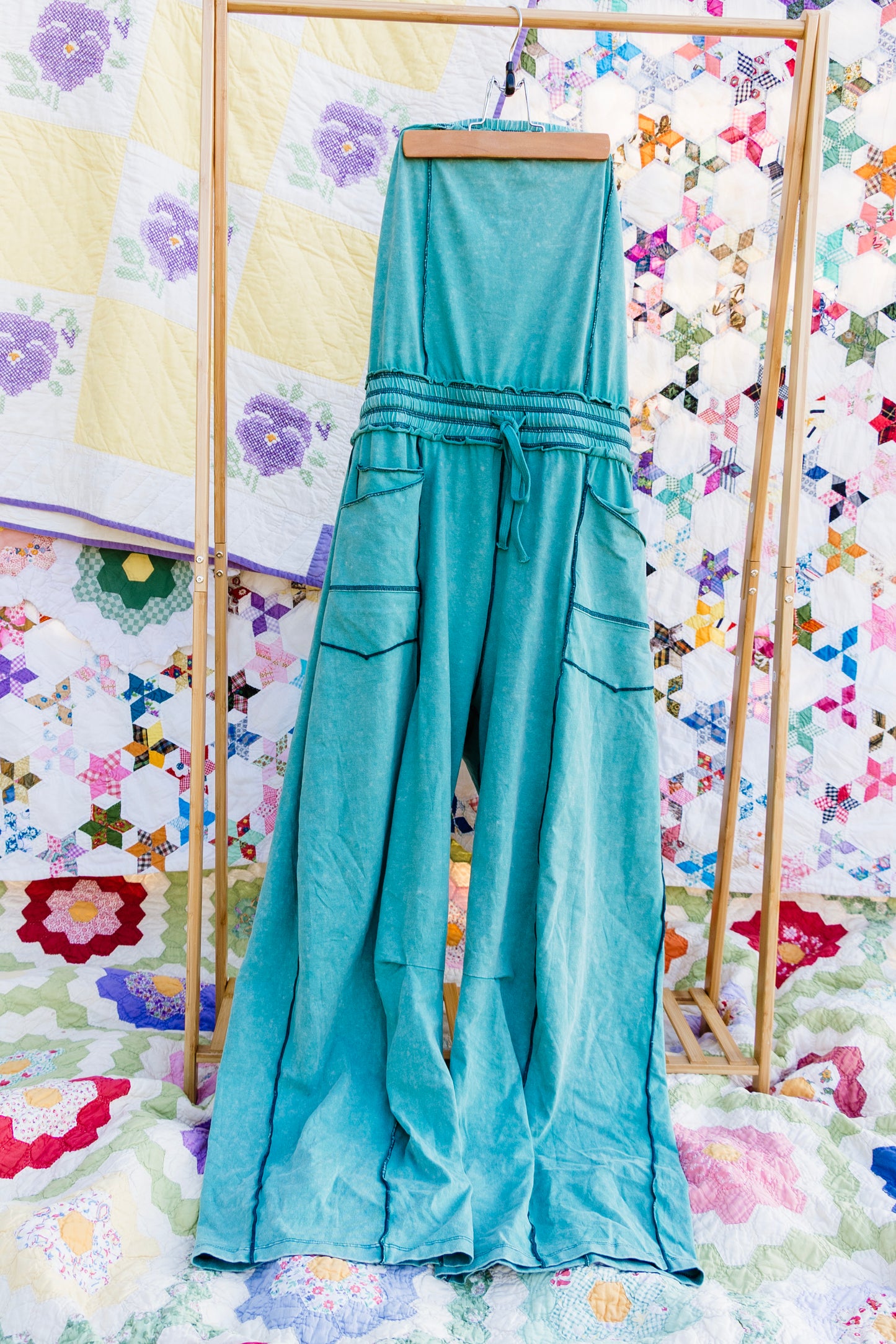 Mineral Washed Strapless Barrel Leg Jumpsuit