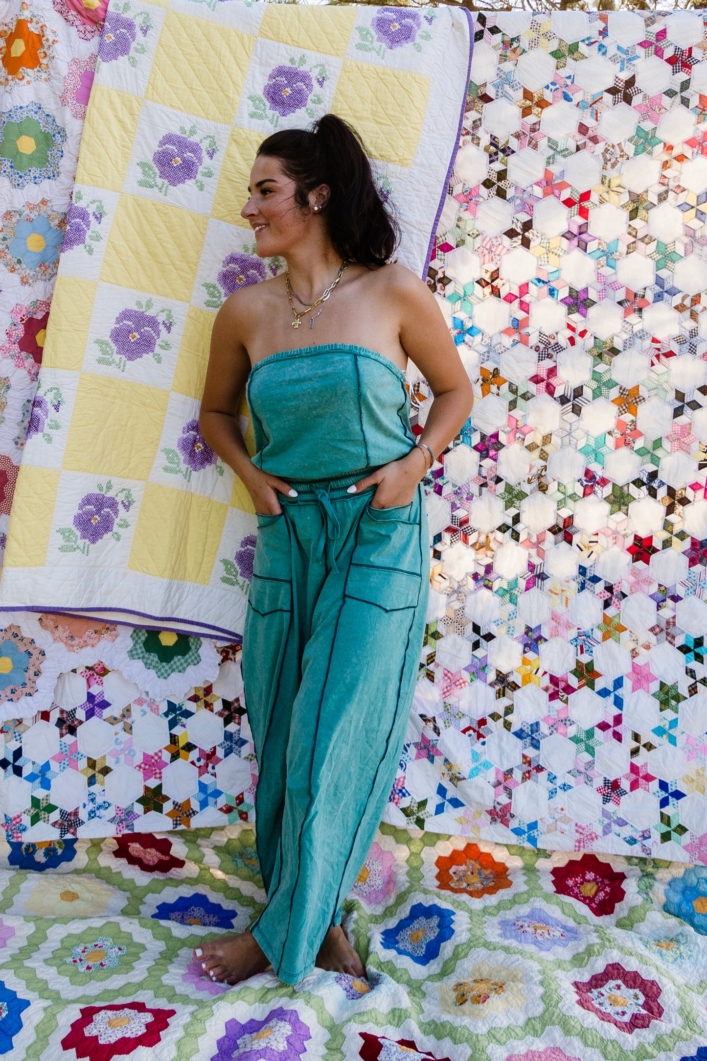 Mineral Washed Strapless Barrel Leg Jumpsuit