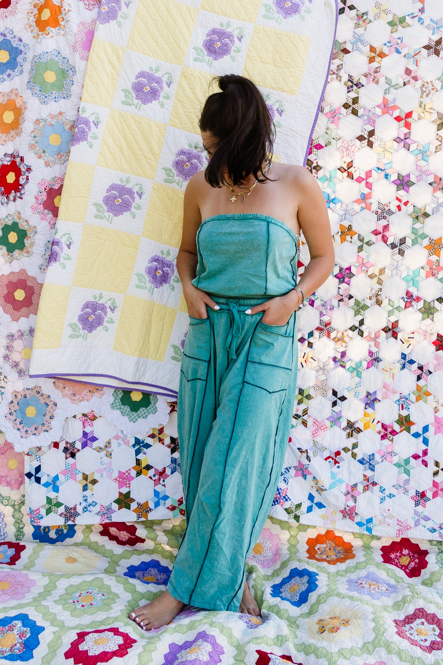 Mineral Washed Strapless Barrel Leg Jumpsuit
