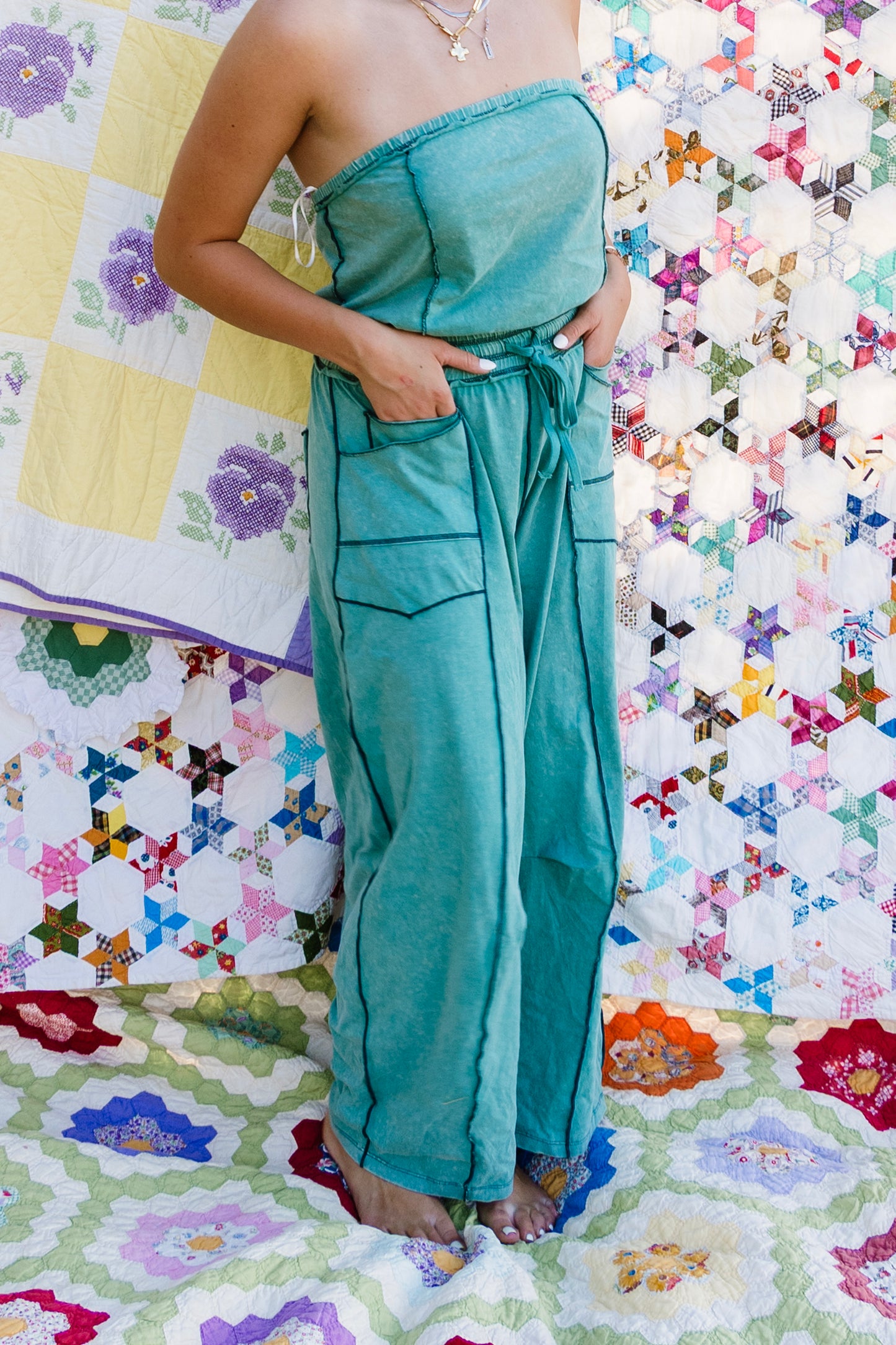 Mineral Washed Strapless Barrel Leg Jumpsuit