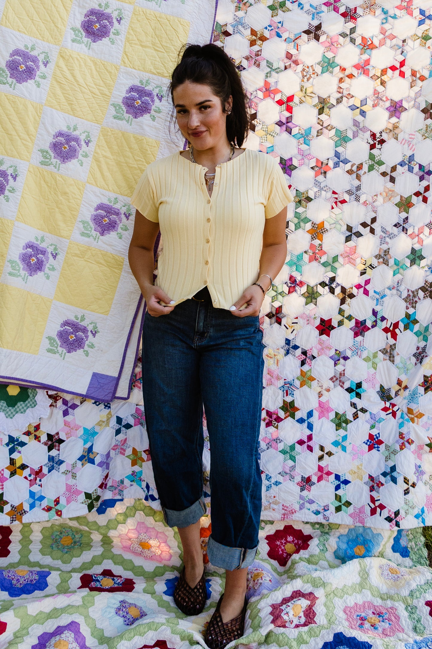 Ribbed Short Sleeve Buttoned Top