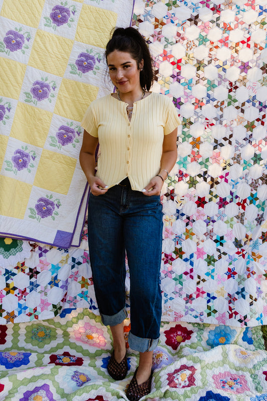 Ribbed Short Sleeve Buttoned Top