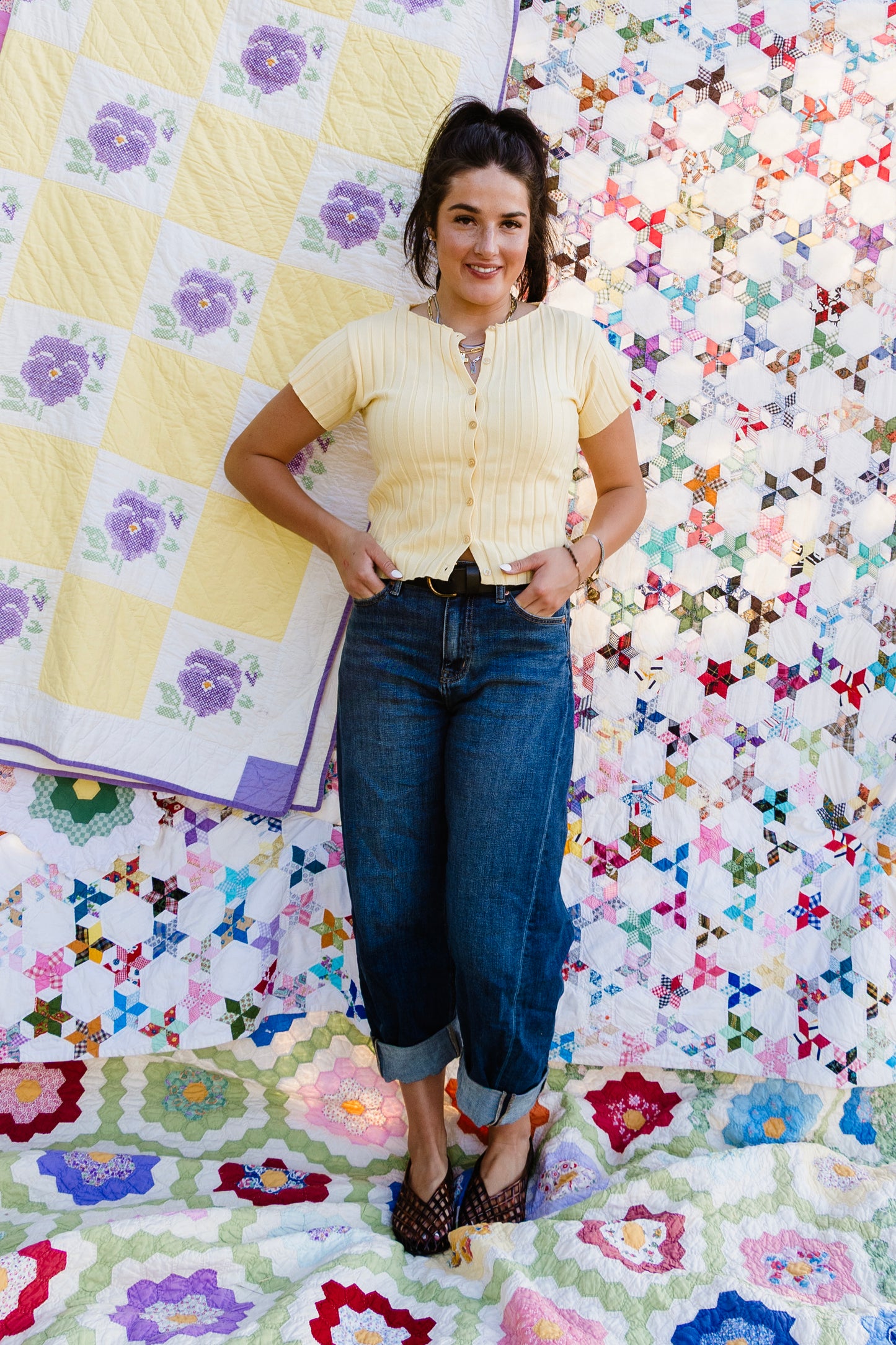 Ribbed Short Sleeve Buttoned Top